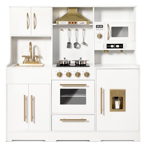 Wooden Kids Play Kitchen Set with Real Sounds, White Y782