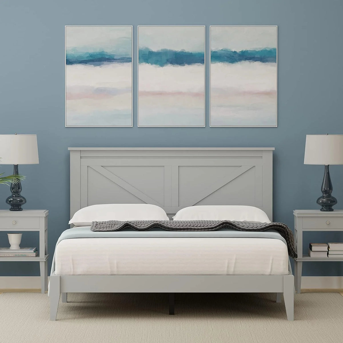 Solid Wood Platform Bed Queen Grey T9090
