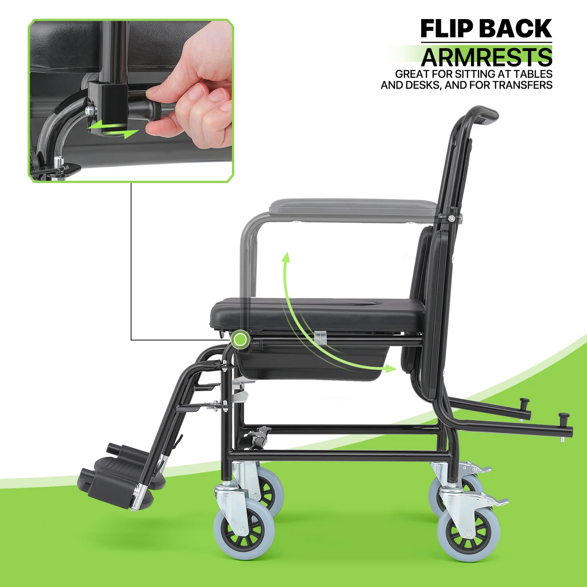 Commode Chair with Flip Up Armrests and 2 Locking Wheels F4809