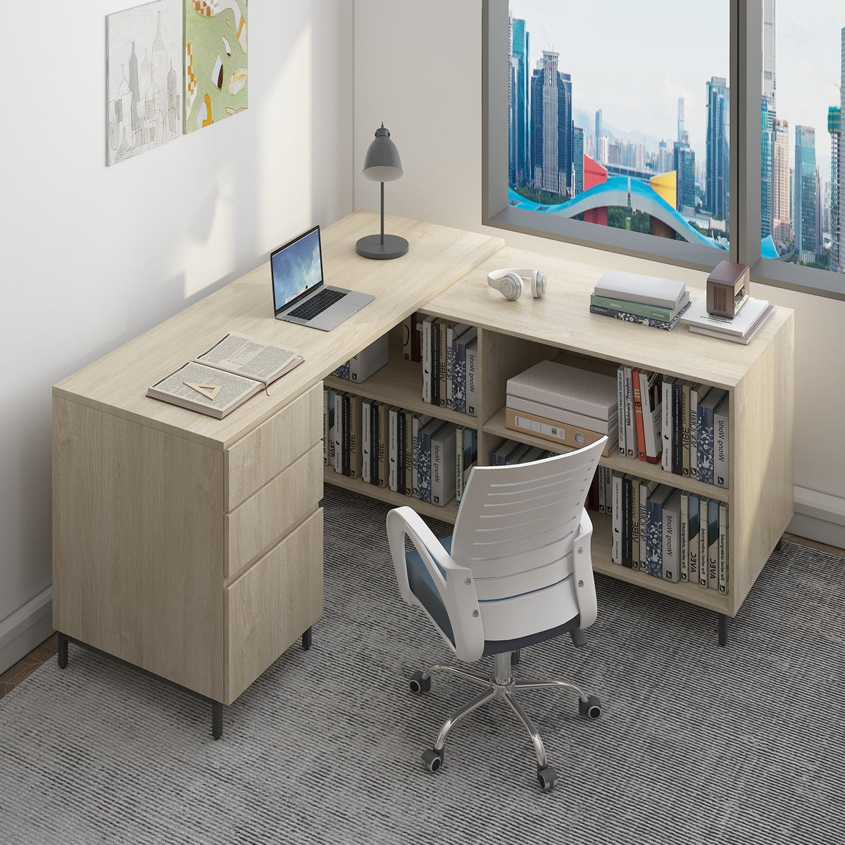 L Shape Desk with Reversible Storage Shelves A48483