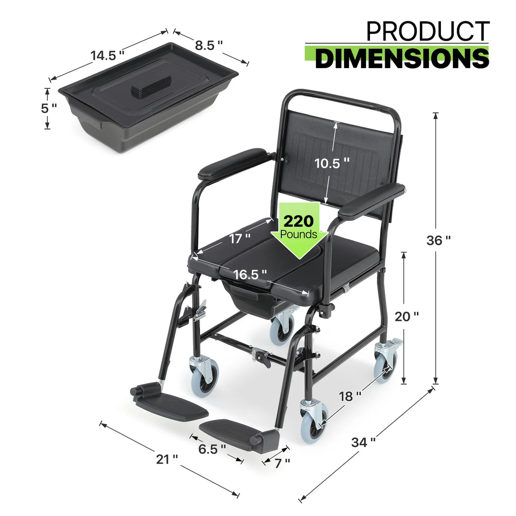 Commode Chair with Flip Up Armrests and 2 Locking Wheels F4809
