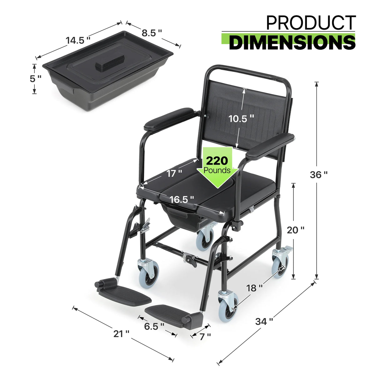 Commode Chair with Flip Up Armrests and 2 Locking Wheels F4809