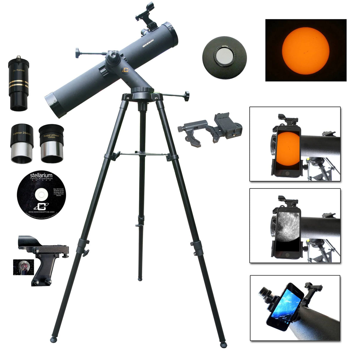 Black Tracker Reflector Telescope with Solar Filter Cap and Smart Phone Adapter C90266