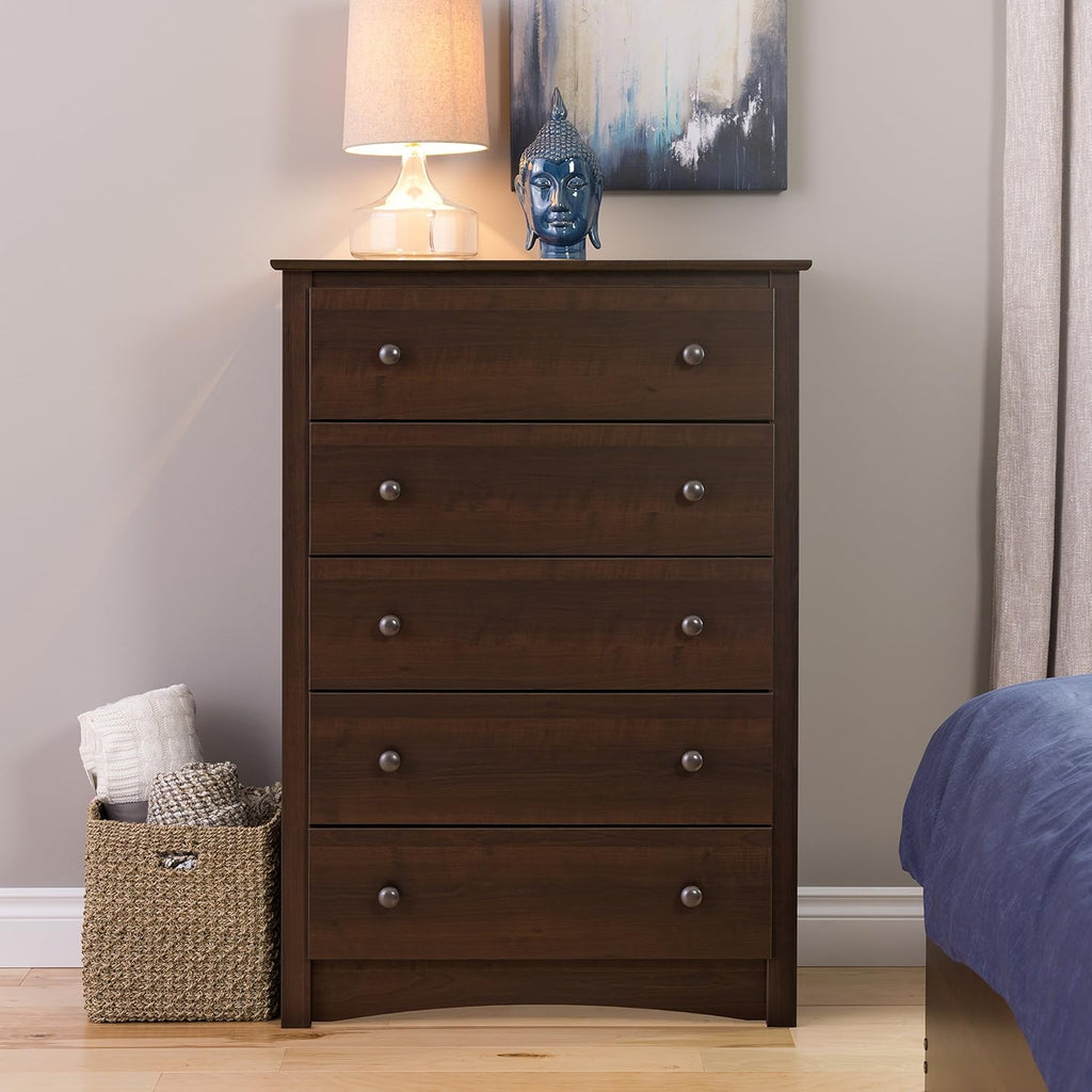 King Bookcase Headboard, Espresso, 5 Drawer Chest Y817552