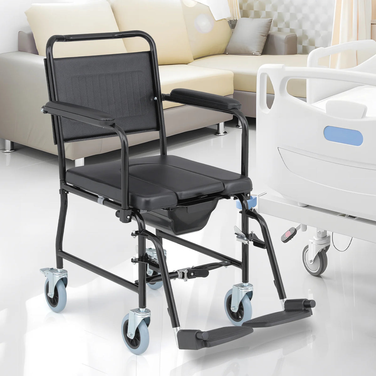 Commode Chair with Flip Up Armrests and 2 Locking Wheels F4809