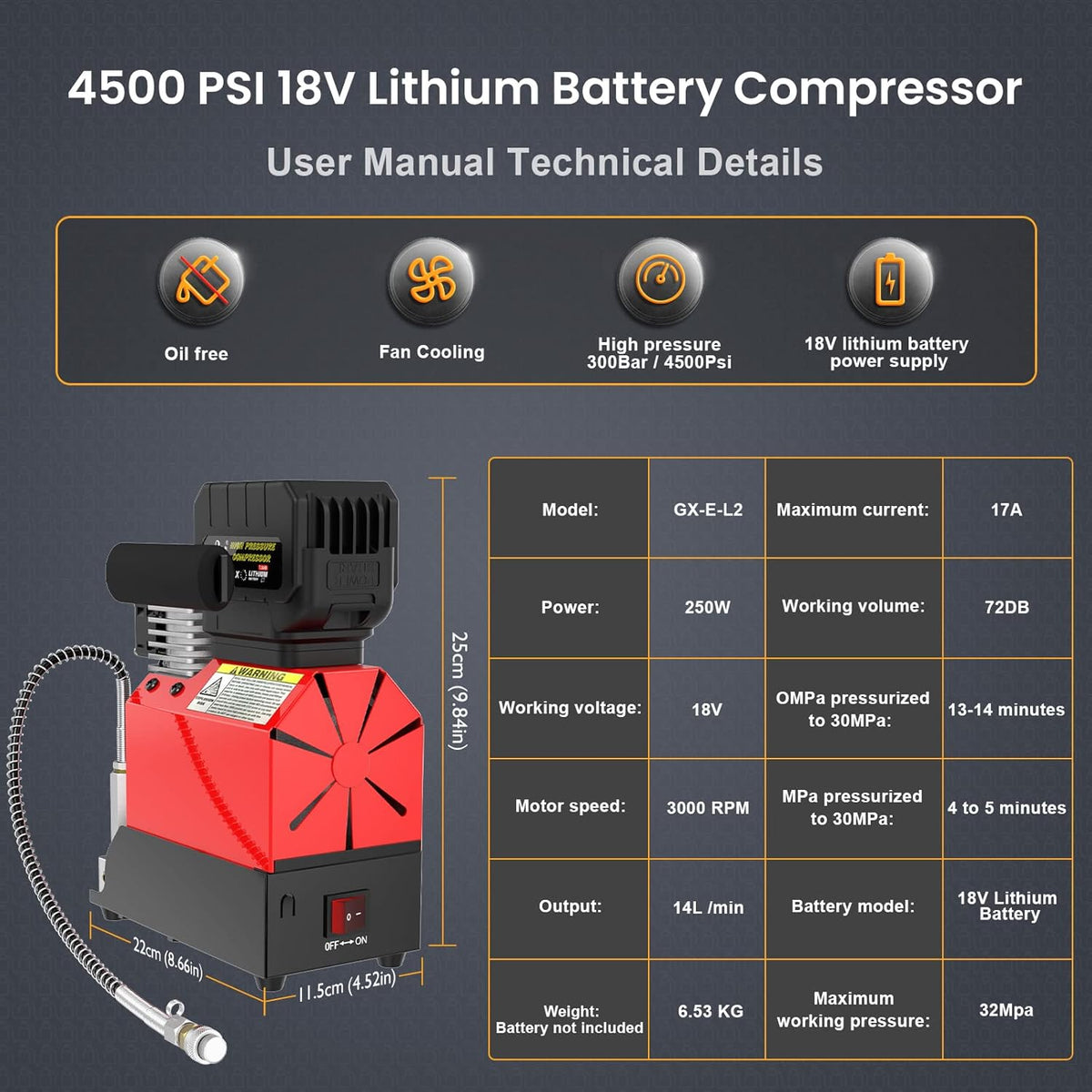 Portable 18V Cordless PCP Air Compressor, 4500Psi/300Bar, Oil-Free W71407
