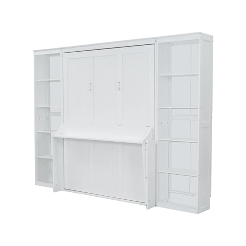 White Queen Size Murphy Wall Bed with Desk & Bookcase F21164