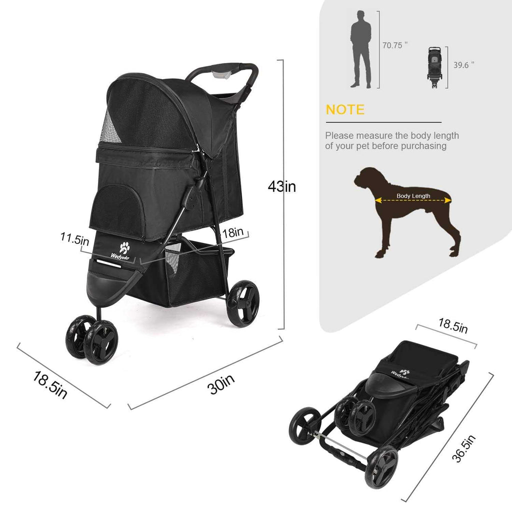 3 Wheels Foldable Pet Stroller with Brake, Canopy, Cup Holders and Storage X868788